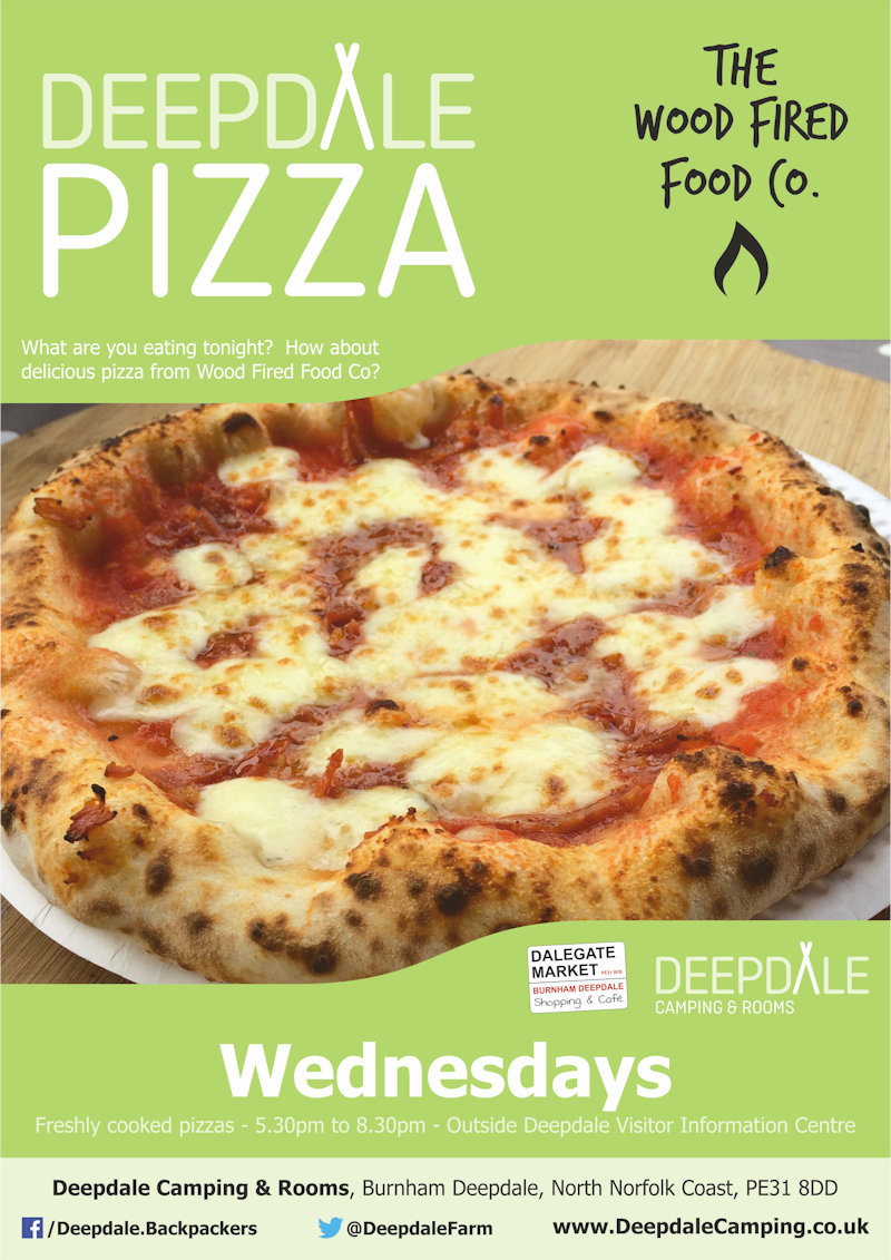 Deepdale Pizzas | Very tasty takeaway wood fired pizzas from The Wood Fired Food Co. served up at Deepdale Camping & Rooms during the evening on Wednesdays. | Deepdale Camping & Rooms, Deepdale Farm, Burnham Deepdale, North Norfolk Coast, PE31 8DD