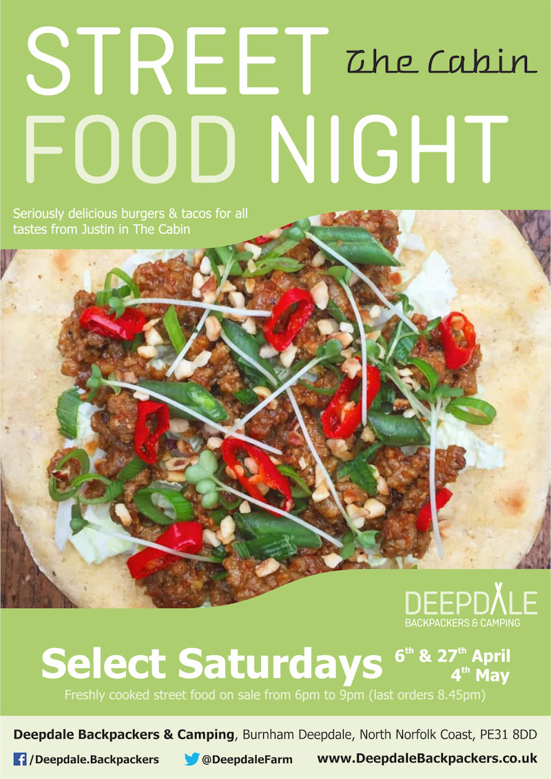 Deepdale Street Food Night, Deepdale Camping & Rooms, Deepdale Farm, Burnham Deepdale, North Norfolk Coast, PE31 8DD | Seriously delicious, freshly cooked tacos, burgers & fries from The Cabin, served up at Deepdale Backpackers & Camping during the evening.  Eat in the courtyard, take back to your tent or get a takeaway to take elsewhere in the village. | street, food, deepdale, backpackers, cabin, burgers, wings, fries, tacos
