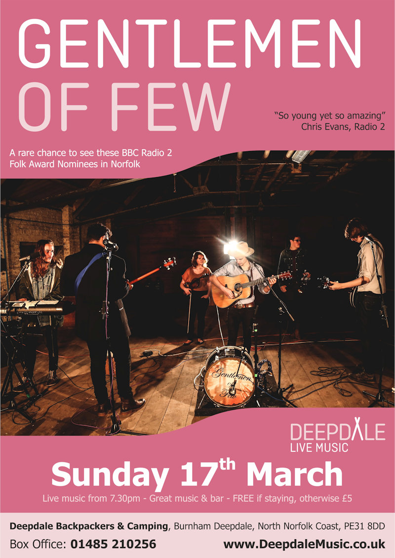 Gentlemen of Few - Sunday Session, Deepdale Camping & Rooms, Deepdale Farm, Burnham Deepdale, North Norfolk Coast, PE31 8DD | The live music programme at Deepdale Backpackers & Camping continues with a brick barn Sunday Session from the superb Gentlemen of Few.  Really excited about hosting these hugely talented guys, going to be a great night. | bluegrass, country, folk, hillbilly, deepdale, music, live, happiness, celebration, north norfolk coast, activities, good, feelings, roaring, fire, foraging, walking, cycling, running, wildlife, nature