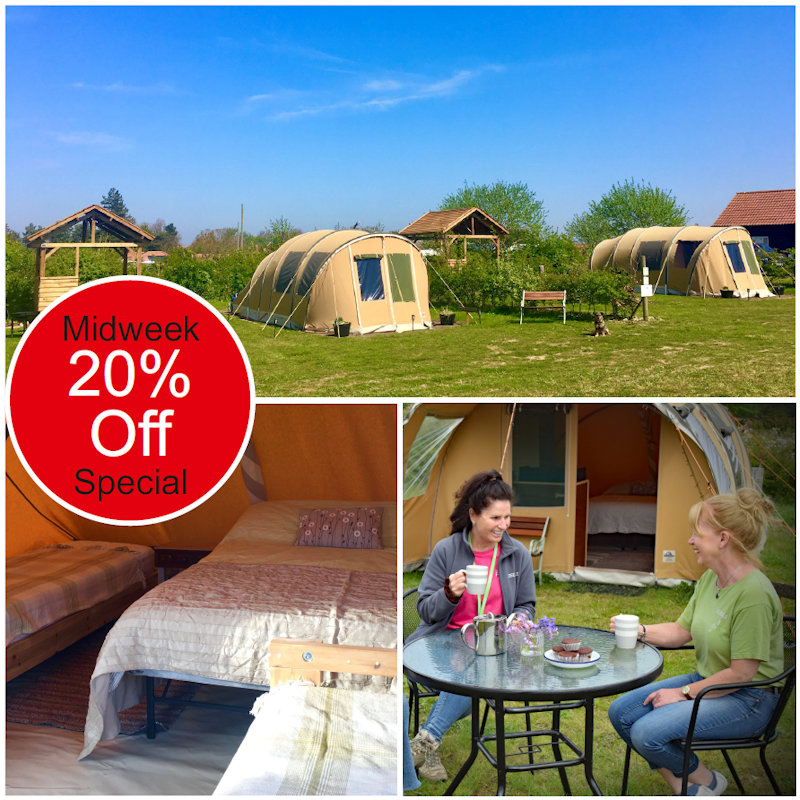 Glamping Midweek - Get 20% Off, Deepdale Camping & Rooms, Deepdale Farm, Burnham Deepdale, North Norfolk Coast | Fancy a luxury camping (glamping) stay on the beautiful North Norfolk Coast? Why not take advantage of this 20% discount for Midweek stays during June in the safari tents at Deepdale. | glamping, luxury, posh, camping, Deepdale, campsite, special, offer, twenty, percent, off, discount, code