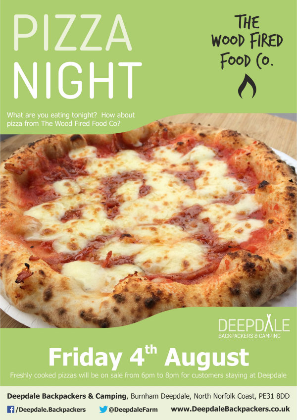 Deepdale Pizza Night, Deepdale Camping & Rooms, Deepdale Farm, Burnham Deepdale, North Norfolk Coast, PE31 8DD | Very very tasty wood fired pizzas from The Wood Fired Food Co, served up at Deepdale Backpackers & Camping during the evening.  Eat in the backpackers courtyard, take back to your tent or get a takeaway to take back home with you elsewhere in the village. | pizza, night, deepdale, backpackers, wood, fired, pizza, company, camping, campsite, evening, meal