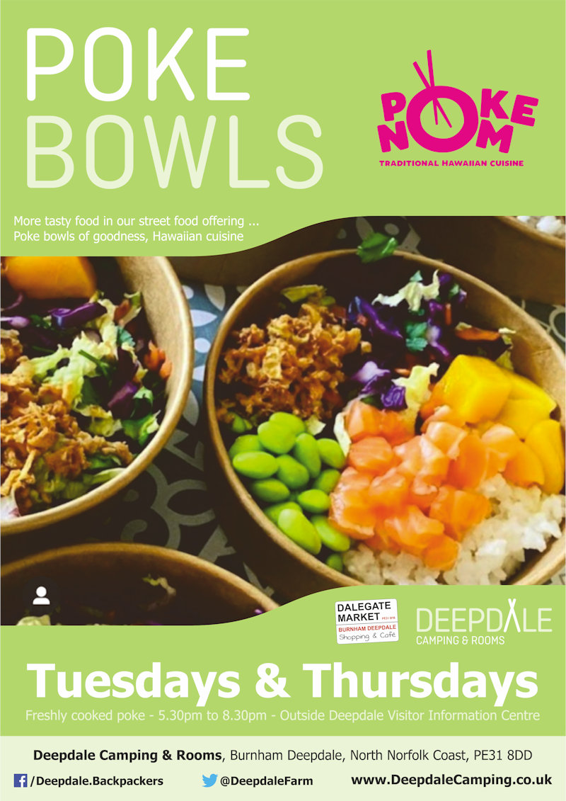 Poke Bowls | Very tasty Hawaiian poke bowls from Poke Nom, served up at Deepdale Camping & Rooms during the evening. | Deepdale Camping & Rooms, Deepdale Farm, Burnham Deepdale, North Norfolk Coast, PE31 8DD
