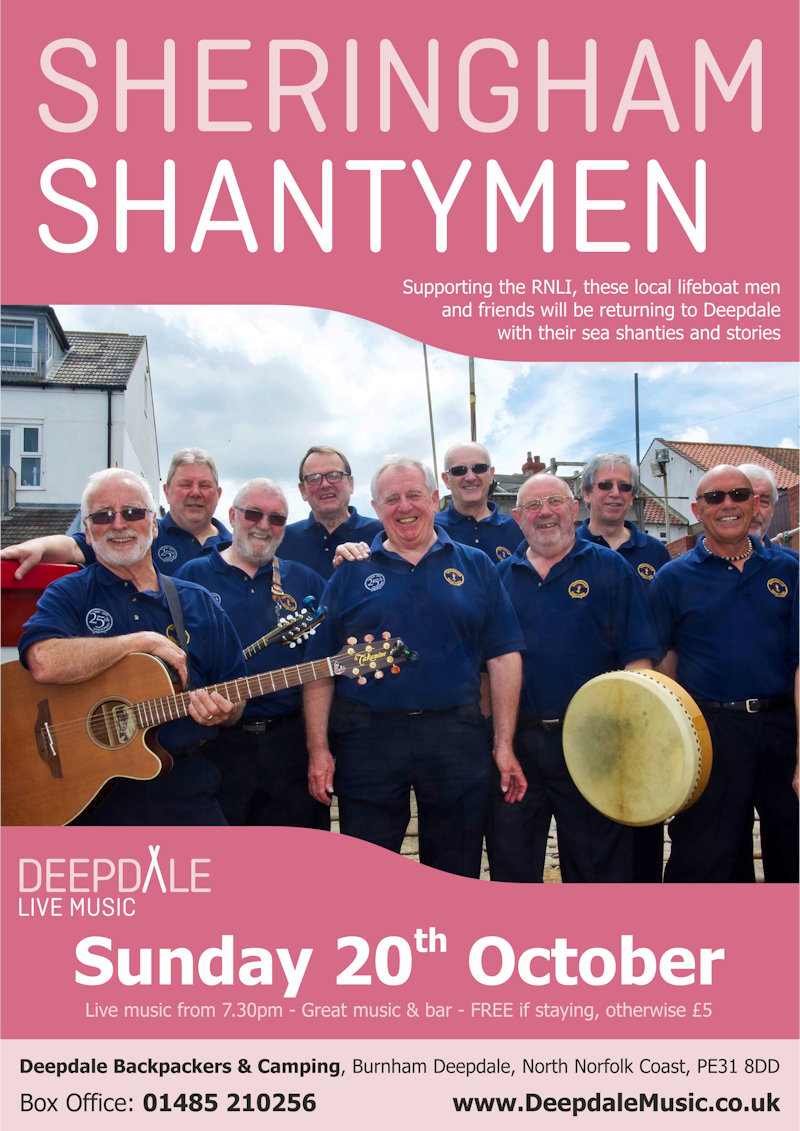 The Sheringham Shantymen - Sunday Session | The live music programme at Deepdale Backpackers & Camping continues with a courtyard Sunday Session from the The Sheringham Shantymen.  The perfect soundtrack to a weekend exploring the North Norfolk Coast. | Deepdale Camping & Rooms, Deepdale Farm, Burnham Deepdale, North Norfolk Coast, PE31 8DD